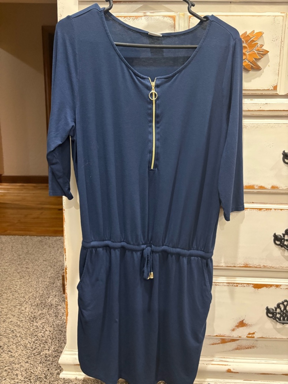 Women's Navy Blue Drawstring Midi Dress with Front Zip